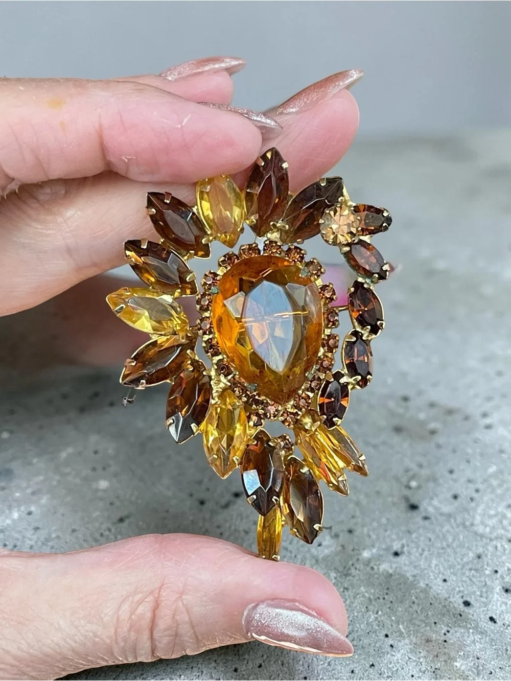 Juliana Style Amber Rhinestone Gold Tone Statement Brooch